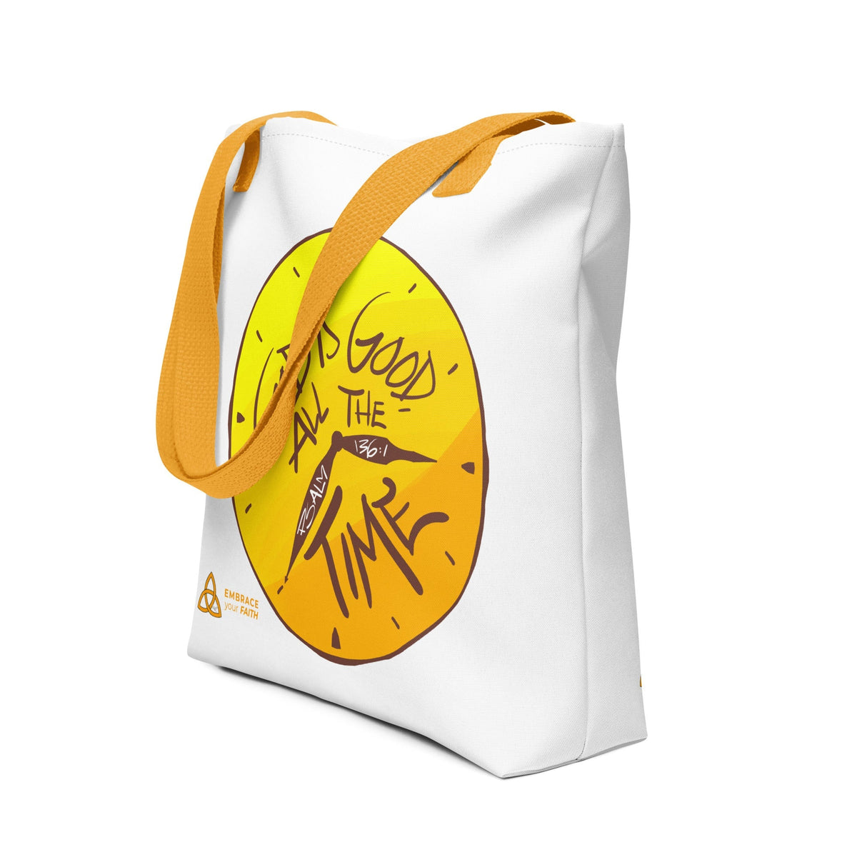 God Is Good All the Time Tote Bag in Yellow, 15x15 inch, front view