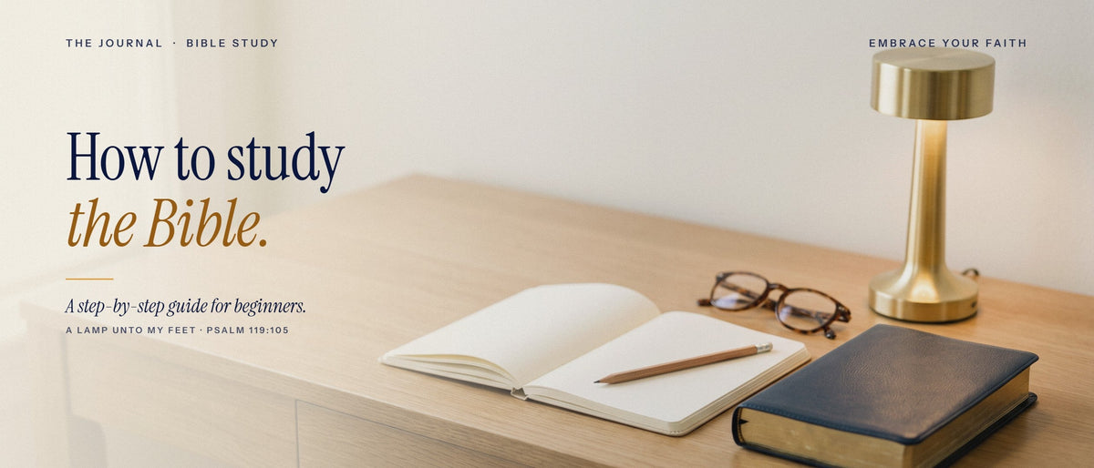 Desk with notebook, pencil, glasses and Bible: How to study the Bible