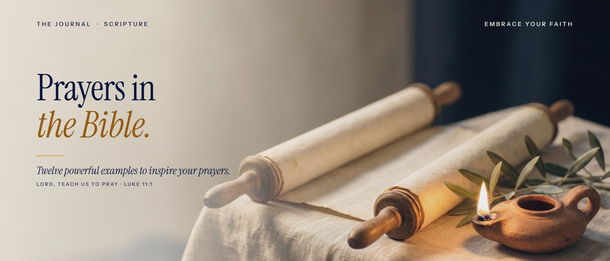 Ancient scroll and clay oil lamp on linen: Prayers in the Bible