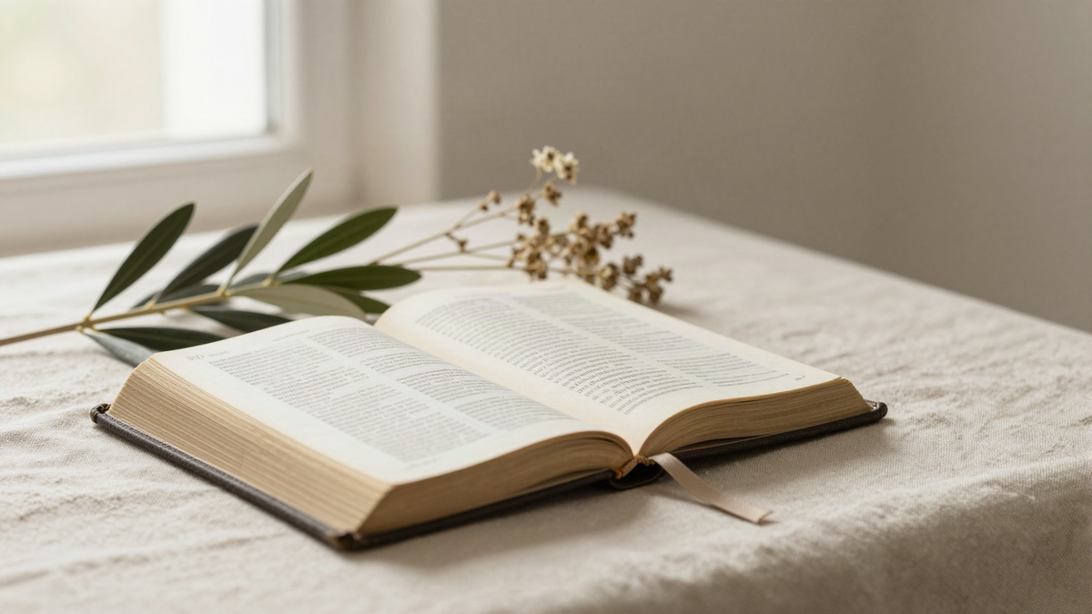 Open Bible on natural linen beside olive leaves and dried wildflowers in soft window light