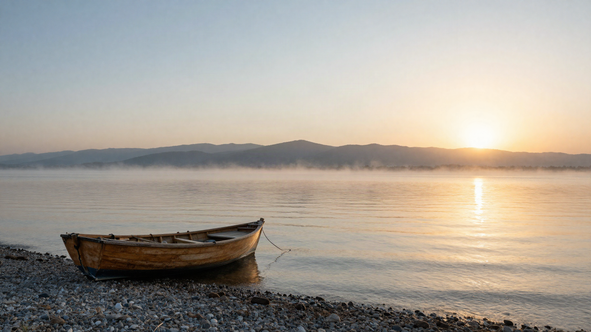 Wooden fishing boat on the misty shore of the Sea of Galilee at dawn