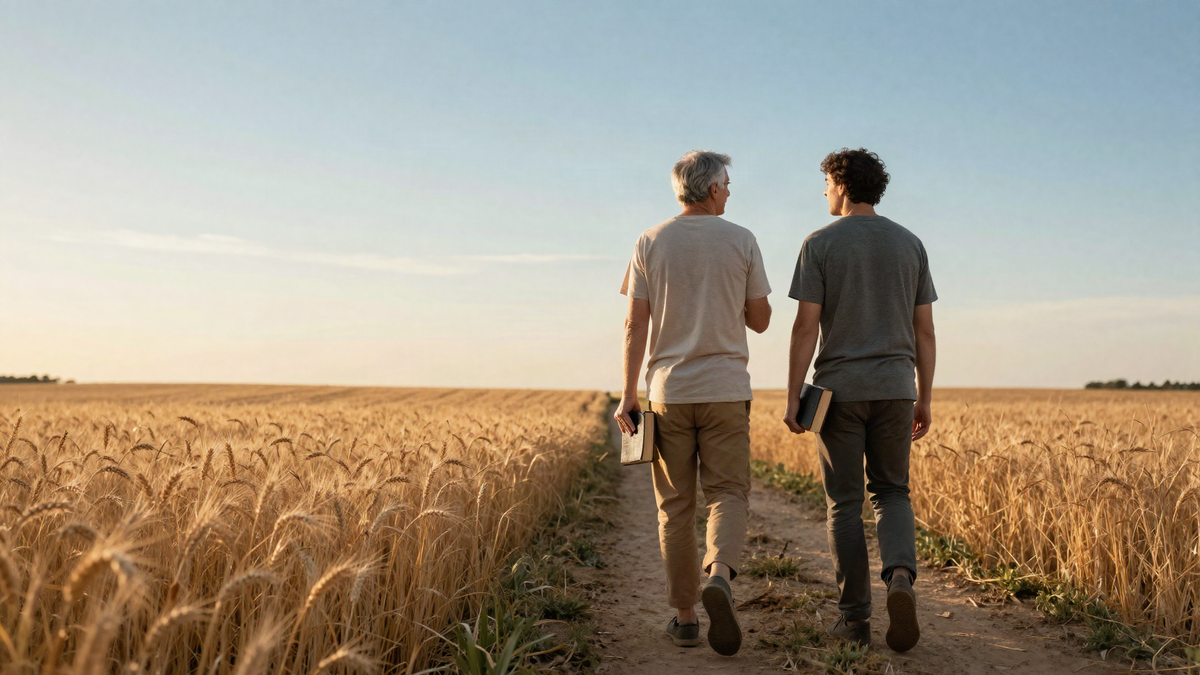 Older mentor and young man with a Bible walking through a golden wheat field at sunset