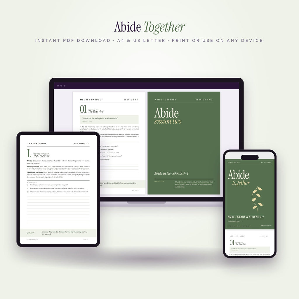 Abide Together small group kit on laptop, tablet and phone