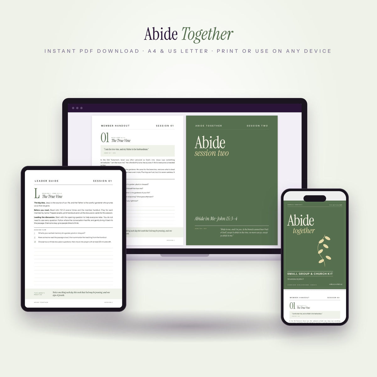 Abide Together small group kit on laptop, tablet and phone