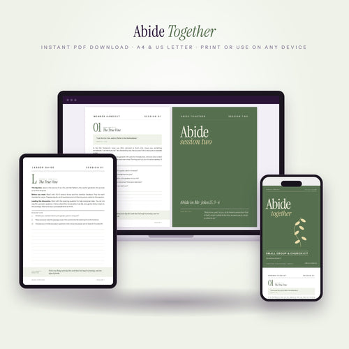 Abide Together small group kit on laptop, tablet and phone