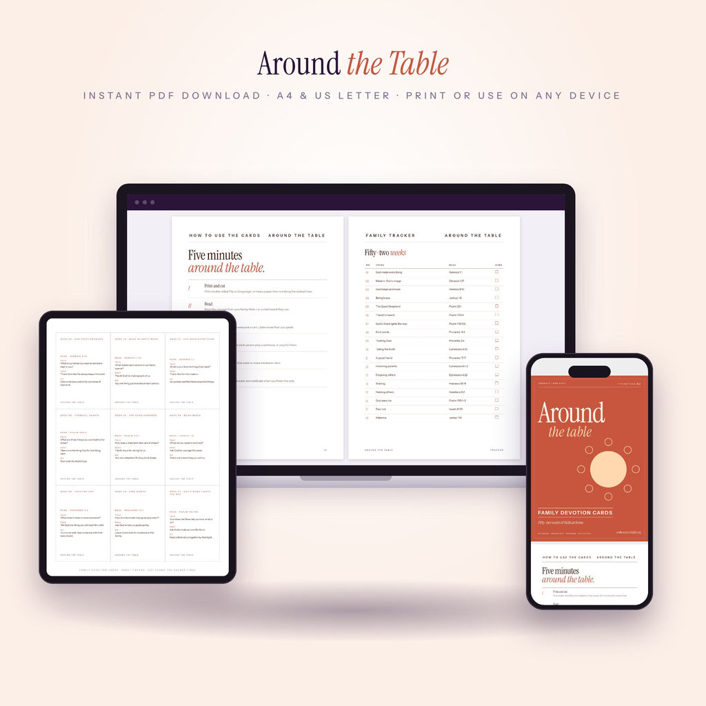 Around the Table family devotion cards on laptop, tablet and phone