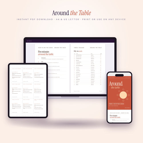 Around the Table family devotion cards on laptop, tablet and phone