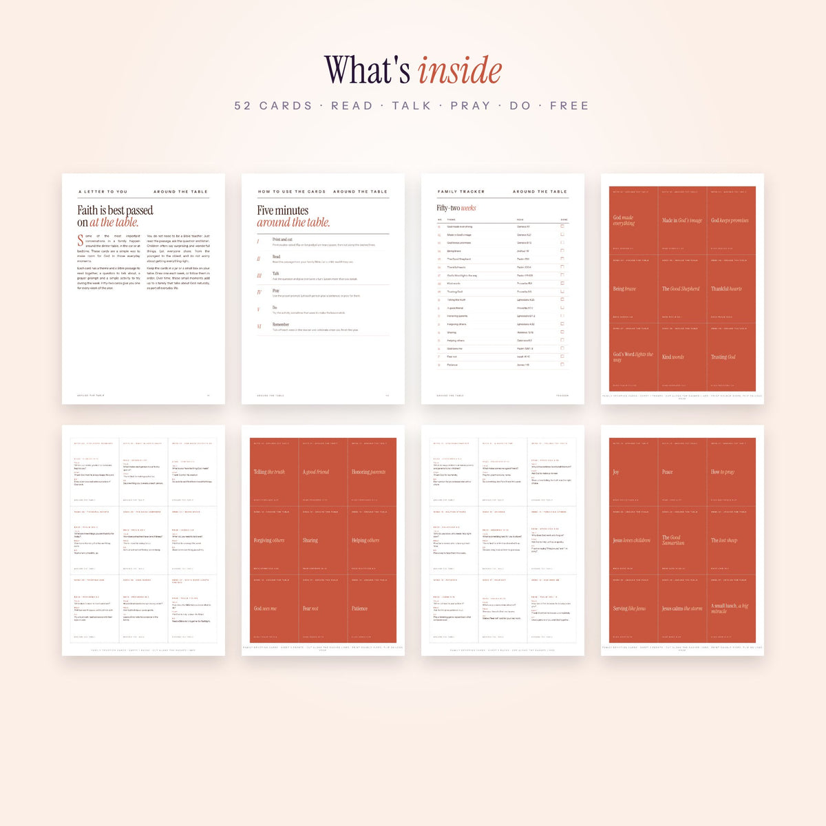 Pages inside Around the Table family devotion cards