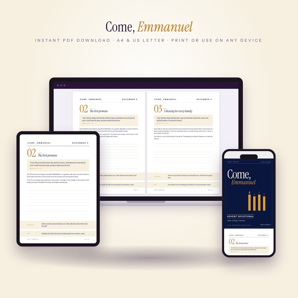 Come, Emmanuel Advent devotional on laptop, tablet and phone