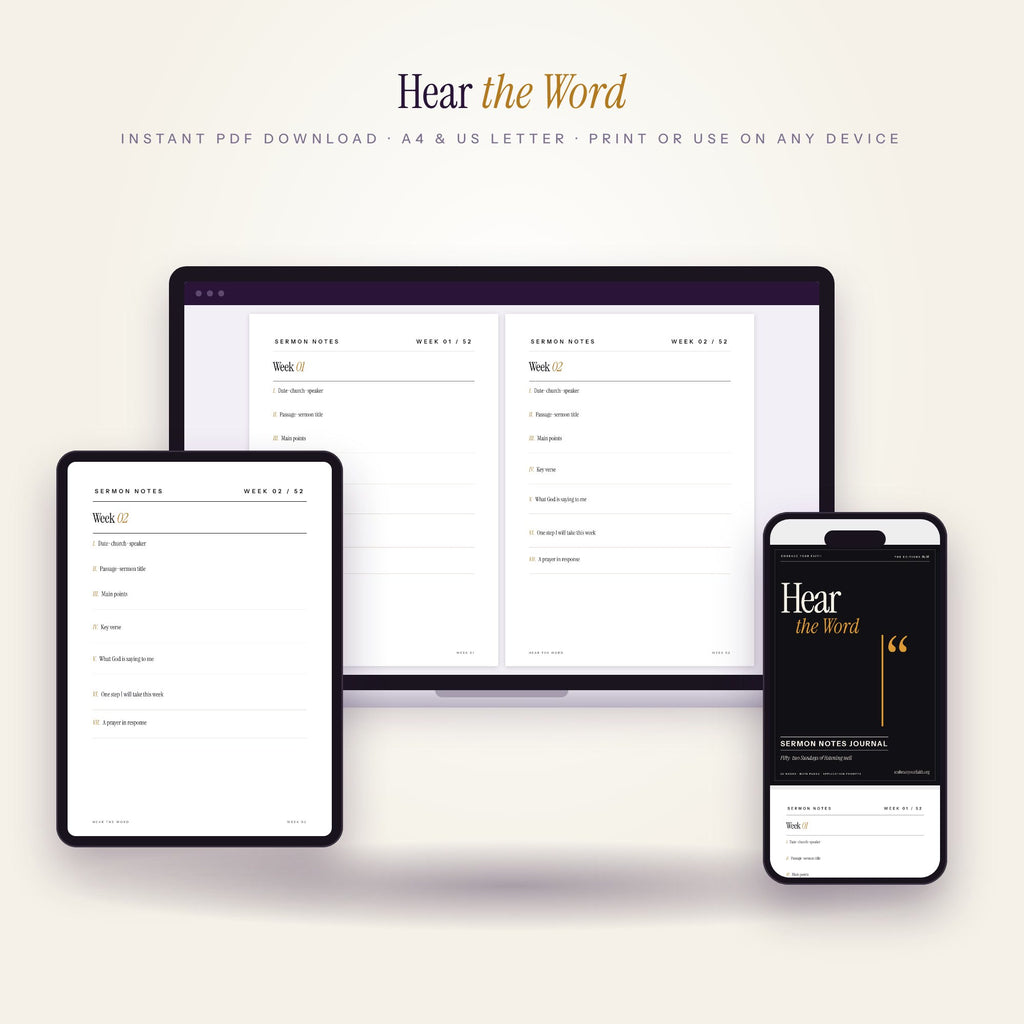 Hear the Word sermon notes journal on laptop, tablet and phone