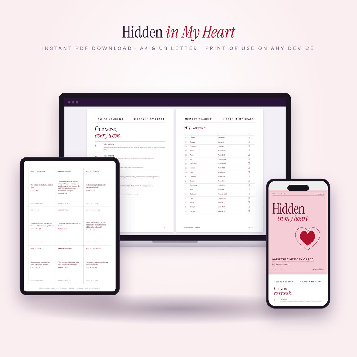 Hidden in My Heart Scripture memory cards on laptop, tablet and phone