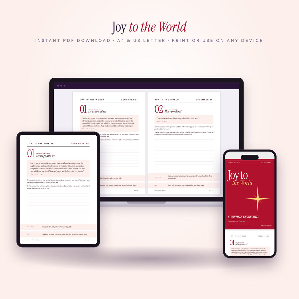 Joy to the World Christmas devotional on laptop, tablet and phone