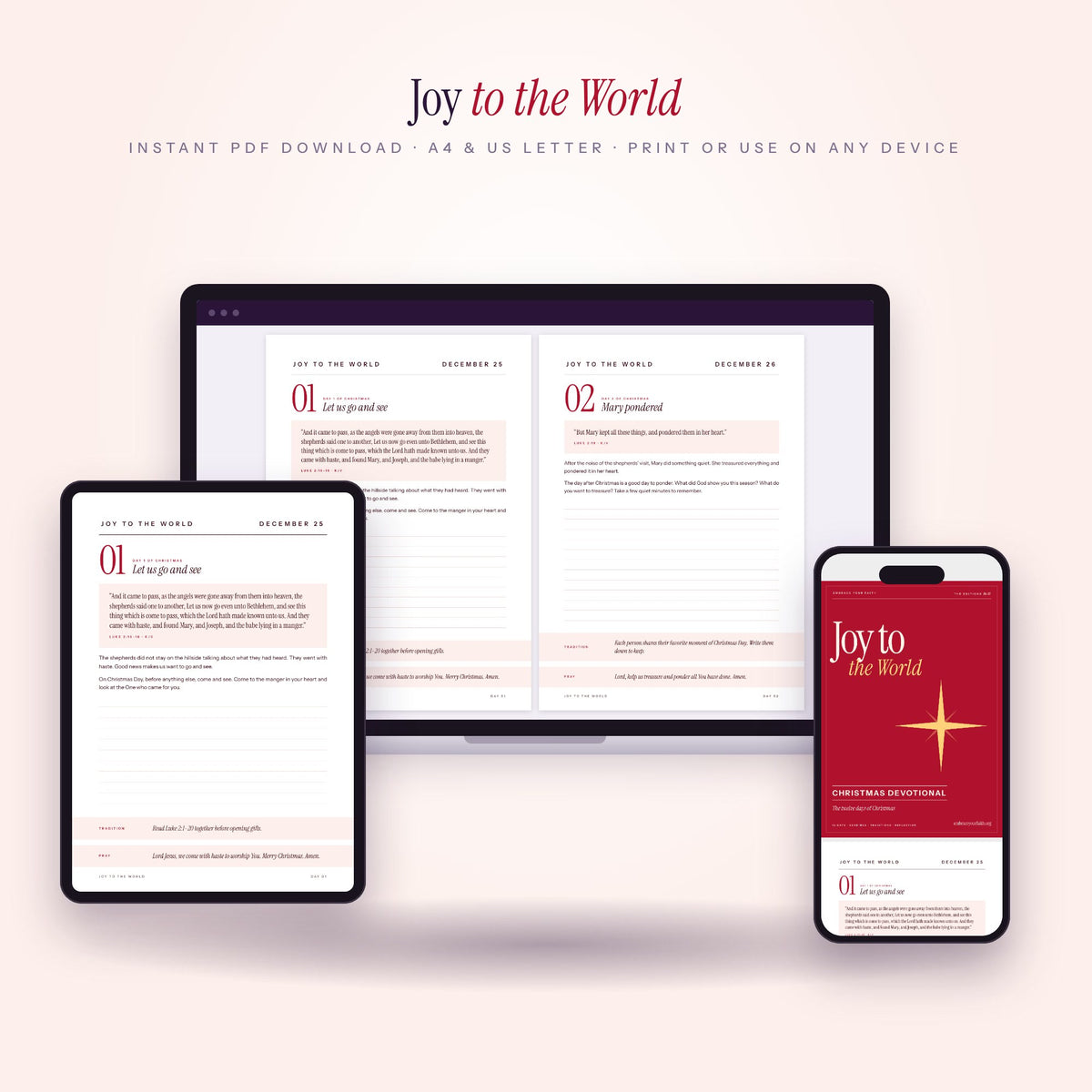 Joy to the World Christmas devotional on laptop, tablet and phone