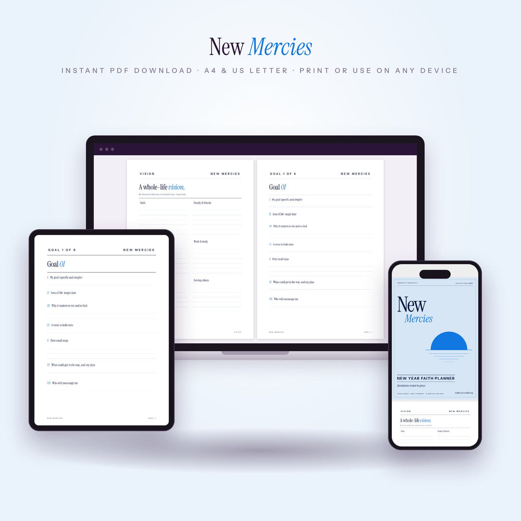 New Mercies faith planner on laptop, tablet and phone