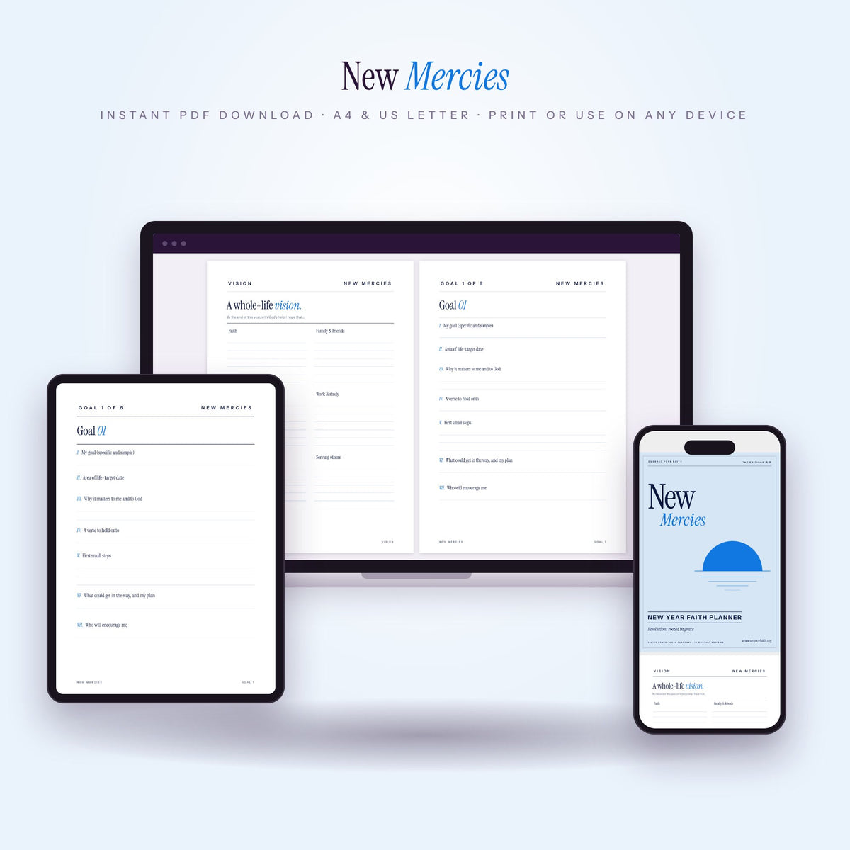 New Mercies faith planner on laptop, tablet and phone