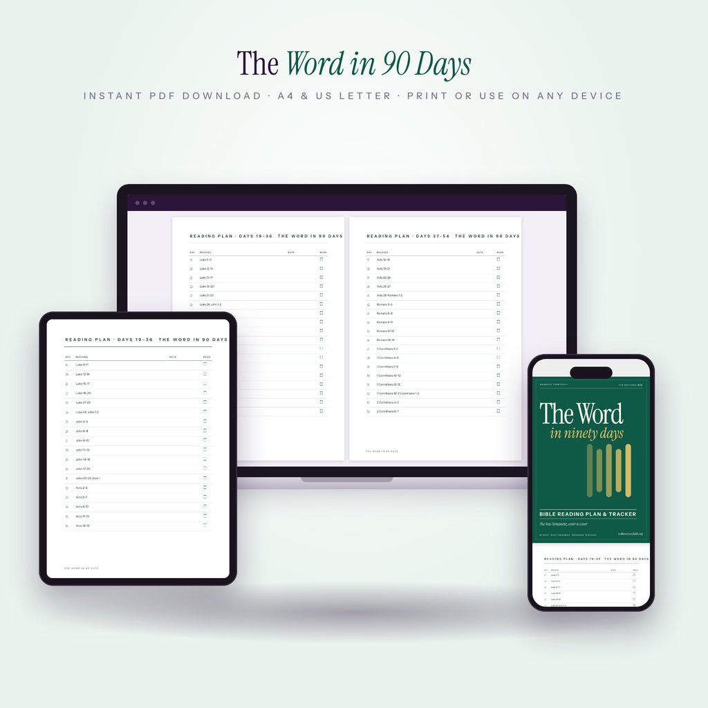 The Word in Ninety Days reading plan on laptop, tablet and phone