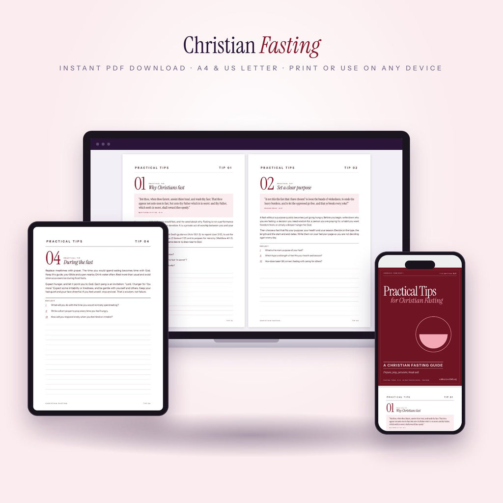 Christian fasting guide on laptop, tablet and phone