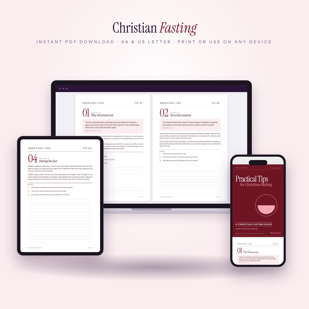 Christian fasting guide on laptop, tablet and phone