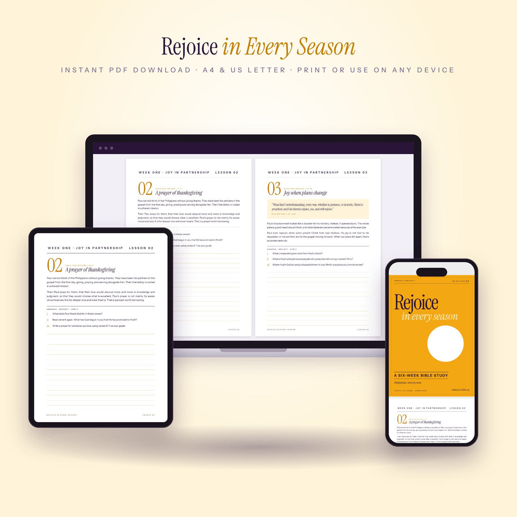 Rejoice in Every Season Bible study on laptop, tablet and phone