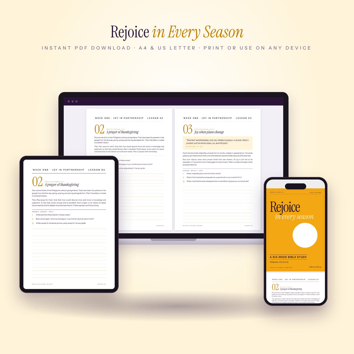 Rejoice in Every Season Bible study on laptop, tablet and phone
