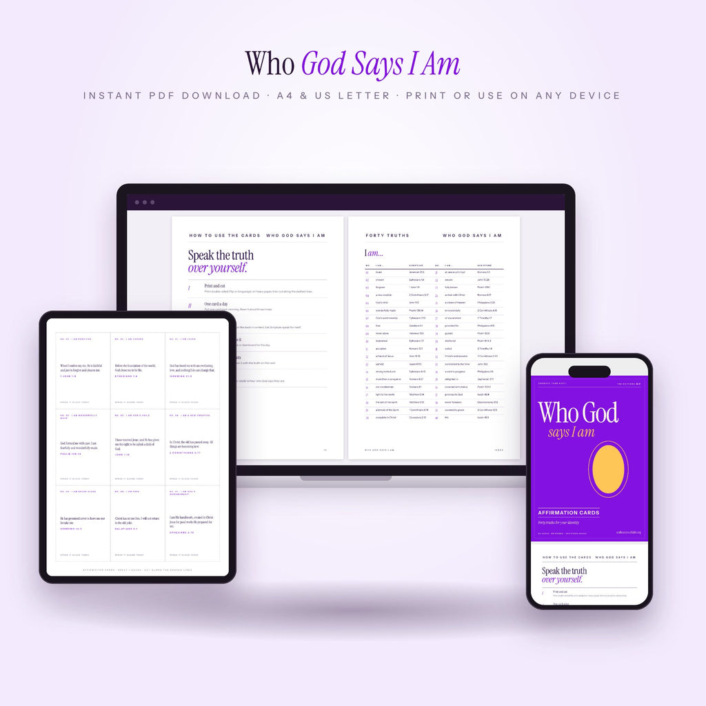 Who God Says I Am affirmation cards on laptop, tablet and phone