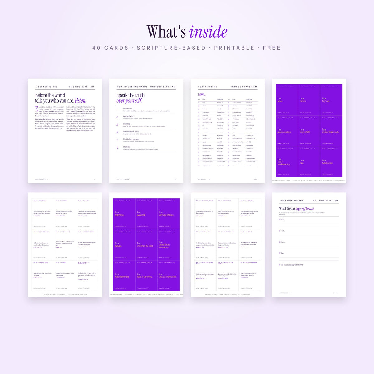 Pages inside Who God Says I Am affirmation cards