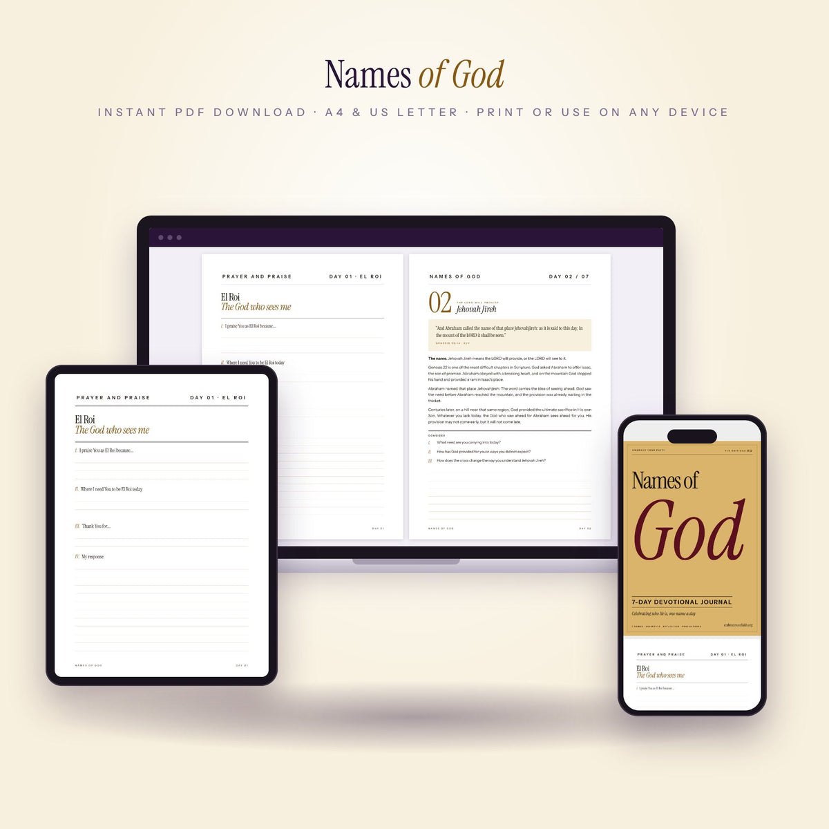 Names of God on laptop, tablet and phone