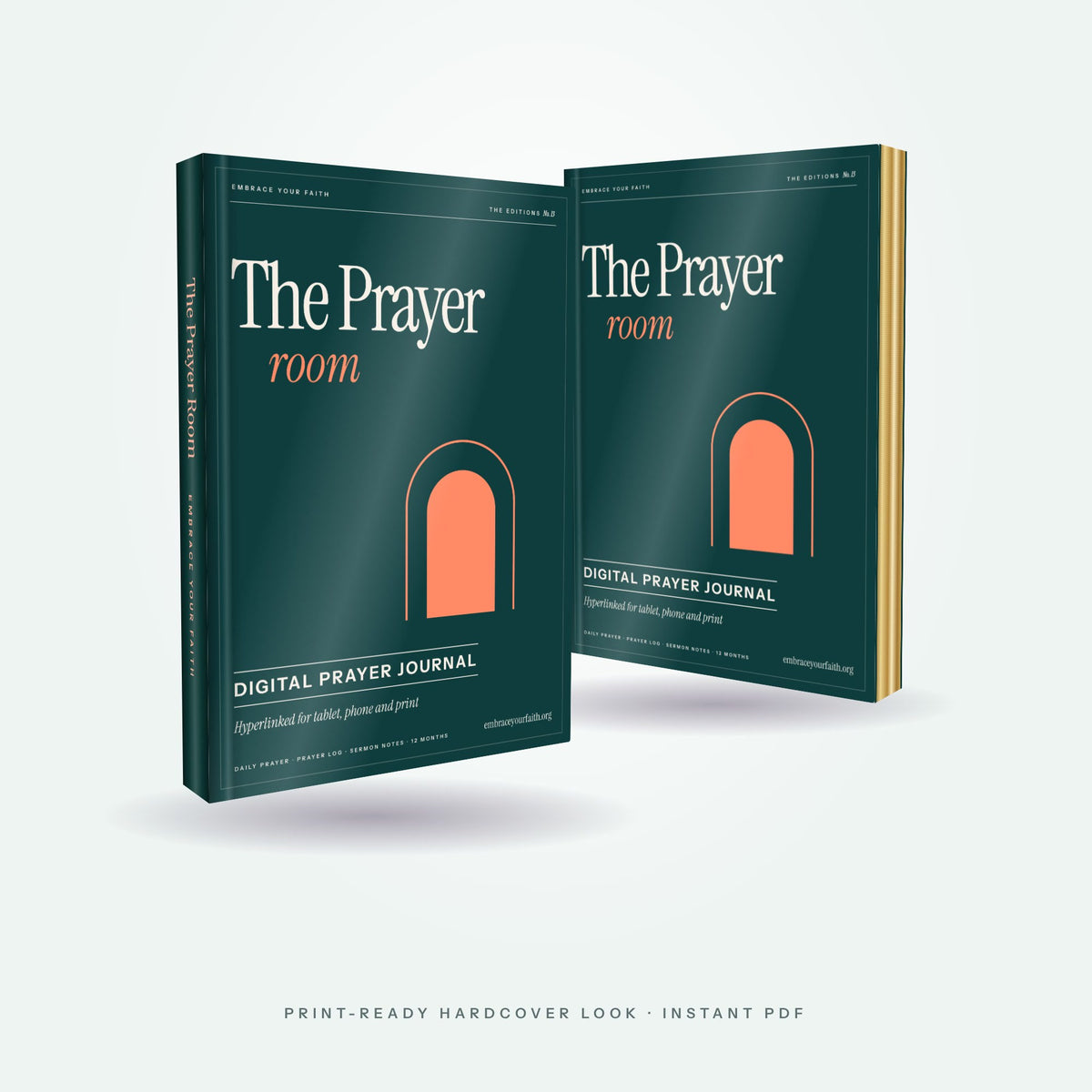 The Prayer Room two-book mockup showing spine and gilded edges