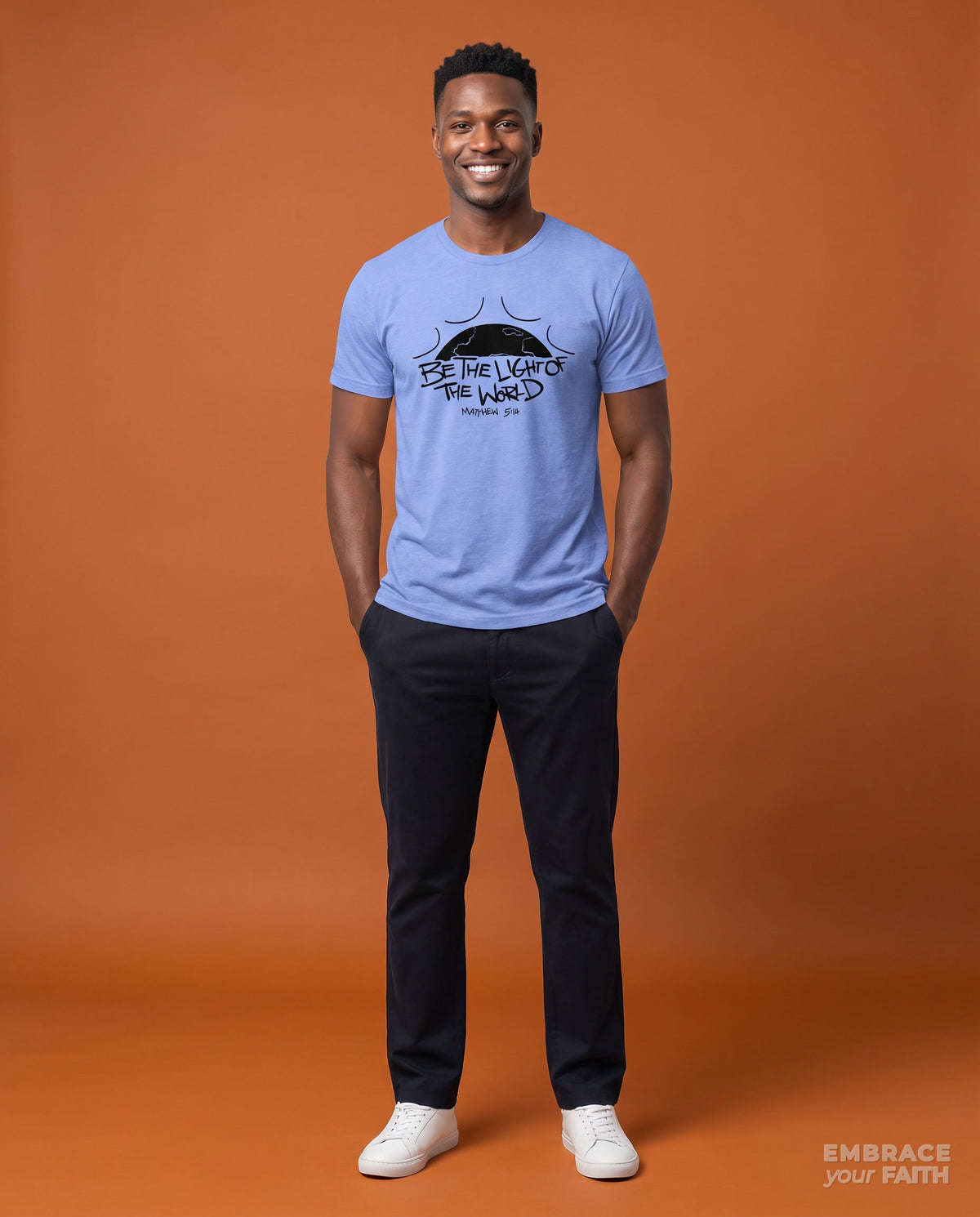 Be The Light of The World Classic Unisex T-Shirt in Heather Columbia Blue, worn by a model