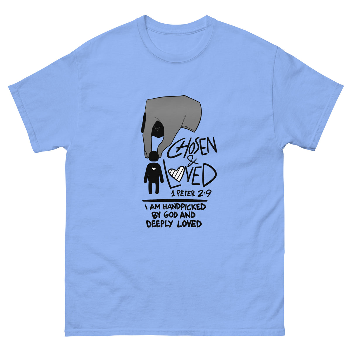 Chosen & Loved T-Shirt in Carolina Blue, front view – 1 Peter 2:9