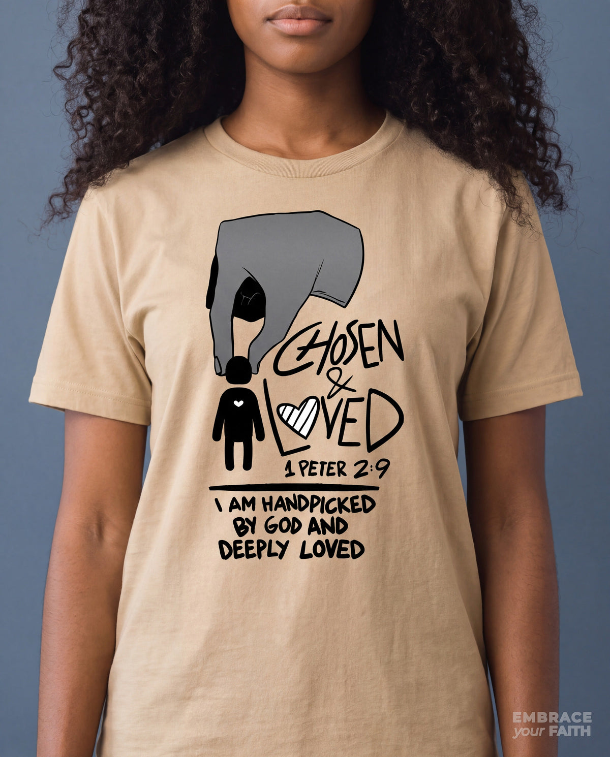 Close-up of the print on the Chosen & Loved Unisex Classic Tee in Sand