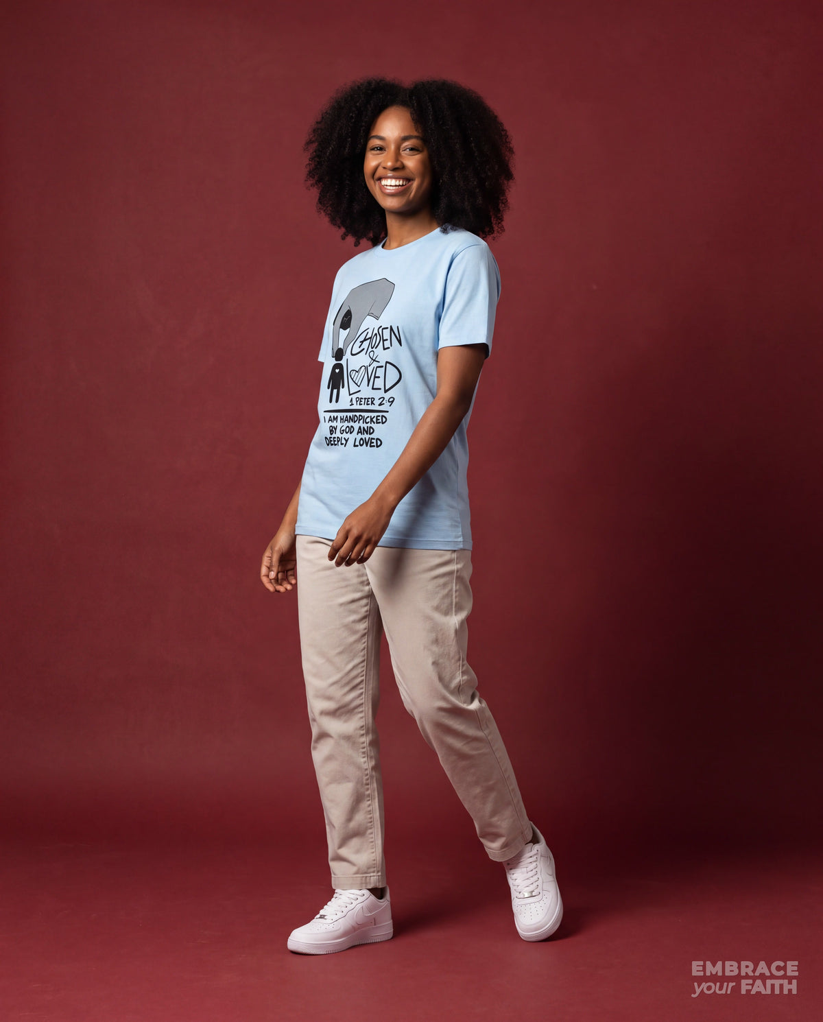 EYF model wearing the Chosen & Loved Unisex Classic Tee in Sky