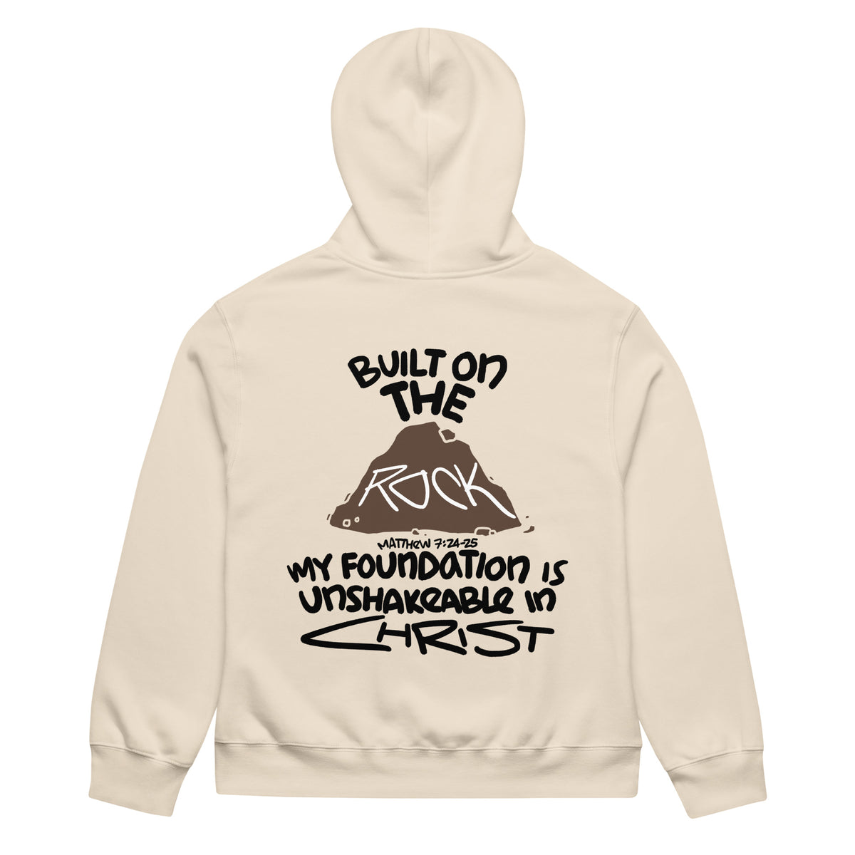 Christ Is My Foundation Heavyweight Hoodie in Dust, back view – Matthew 7:24