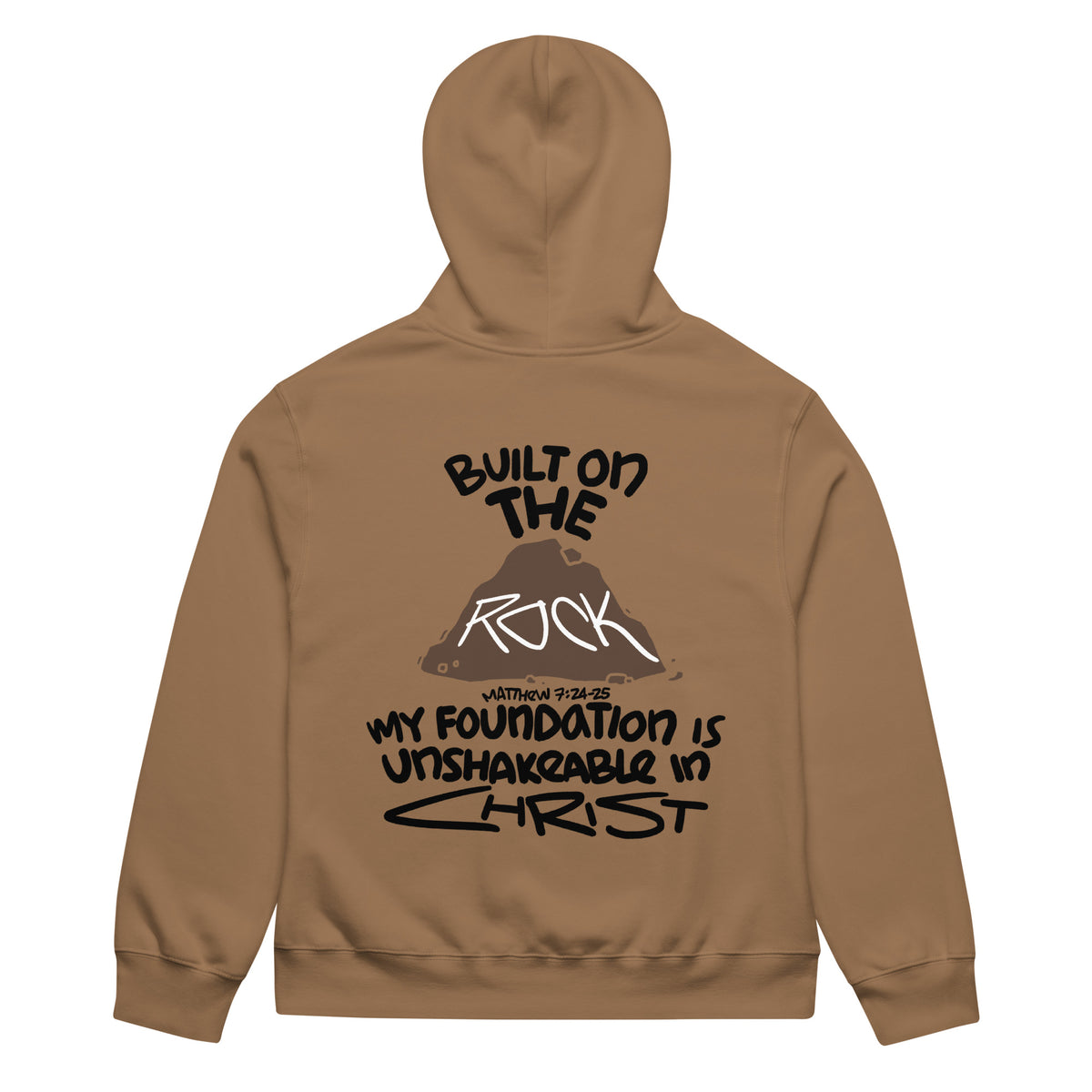Christ Is My Foundation Heavyweight Hoodie in Vintage Brown, back view – Matthew 7:24