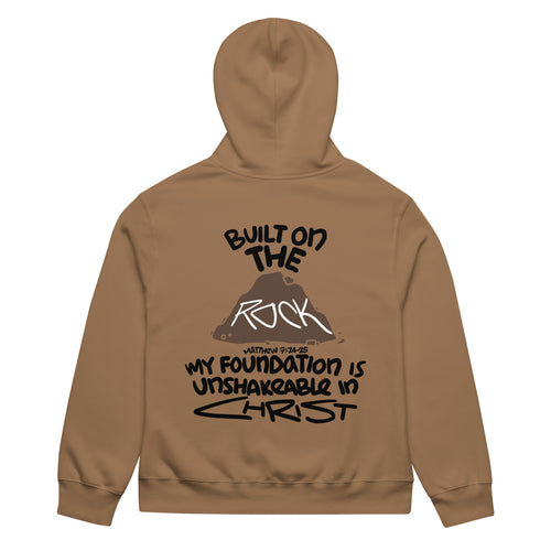 Christ Is My Foundation Heavyweight Hoodie in Vintage Brown, back view – Matthew 7:24
