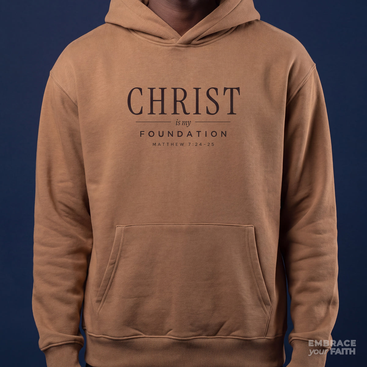 Christ Is My Foundation Heavyweight Hoodie in Vintage Brown, print close-up – Matthew 7:24
