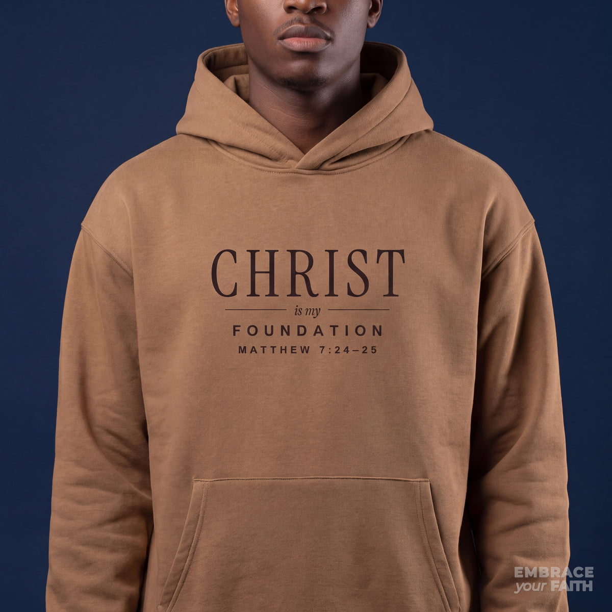 Christ Is My Foundation Heavyweight Hoodie in Vintage Brown, print close-up – Matthew 7:24