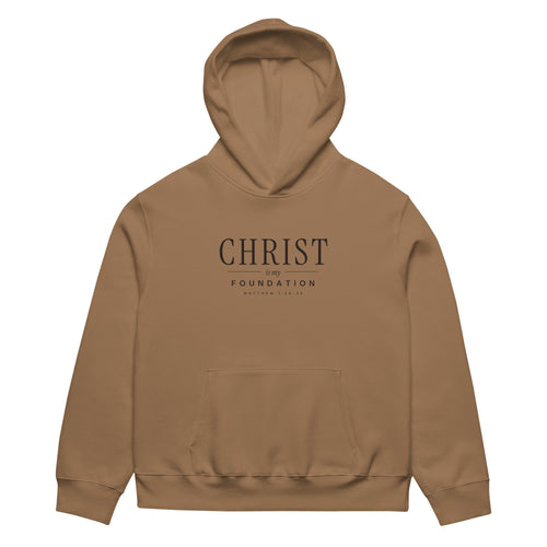 Christ Is My Foundation Heavyweight Hoodie in Vintage Brown, front view – Matthew 7:24