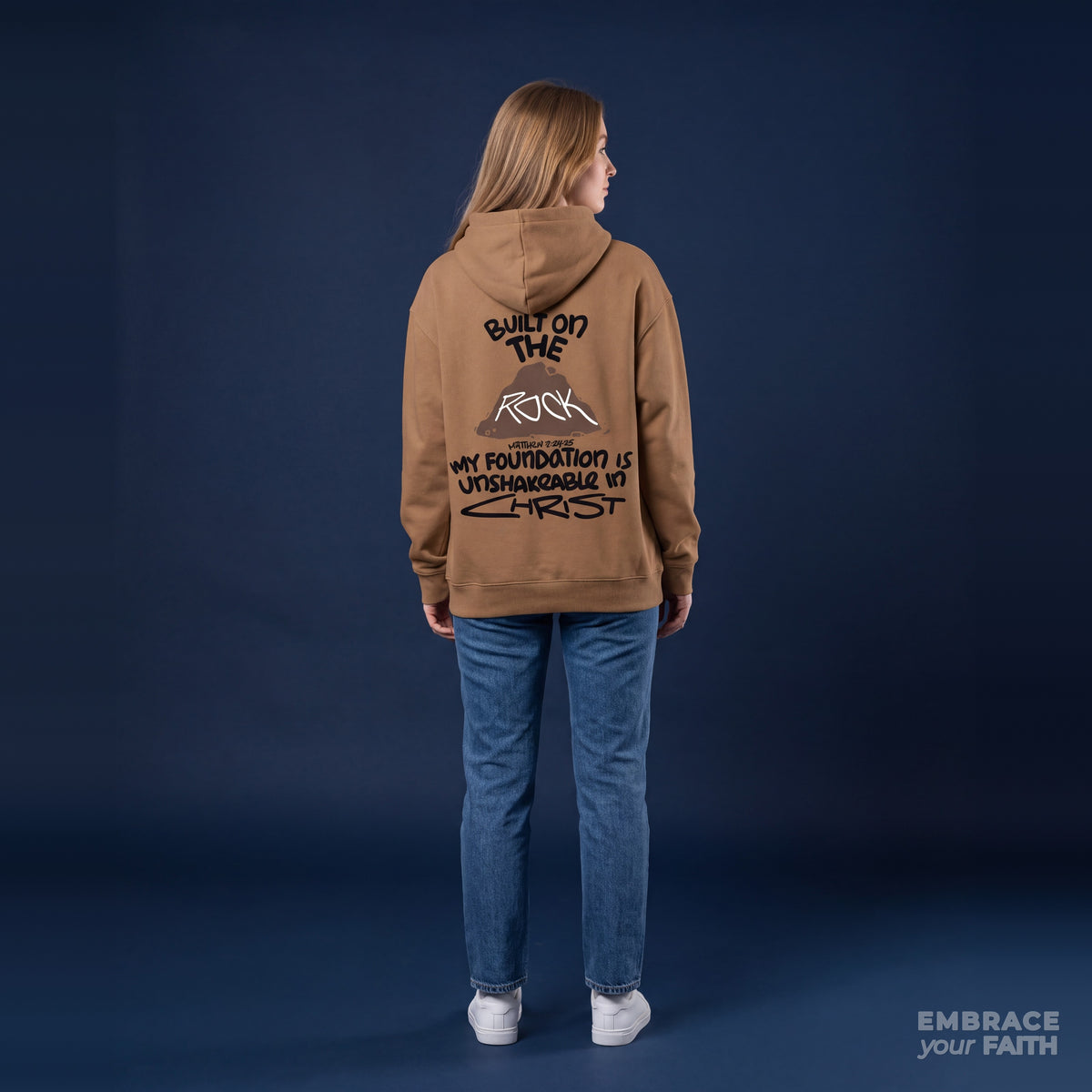 Christ Is My Foundation Heavyweight Hoodie in Vintage Brown, model back view – Matthew 7:24