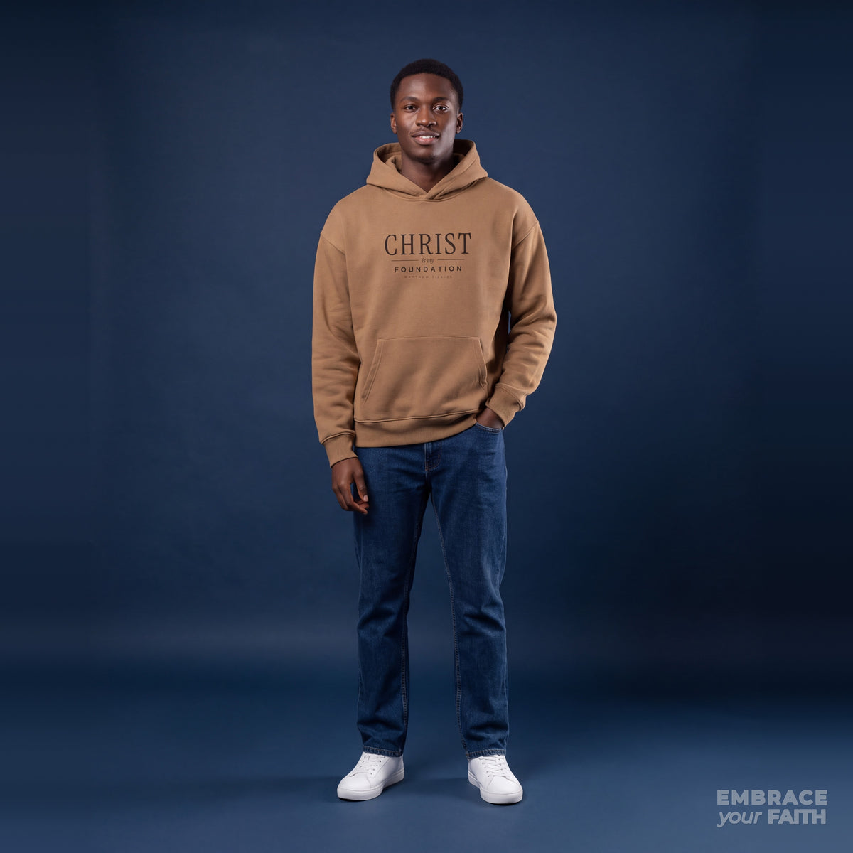 Christ Is My Foundation Heavyweight Hoodie in Vintage Brown, model front view – Matthew 7:24