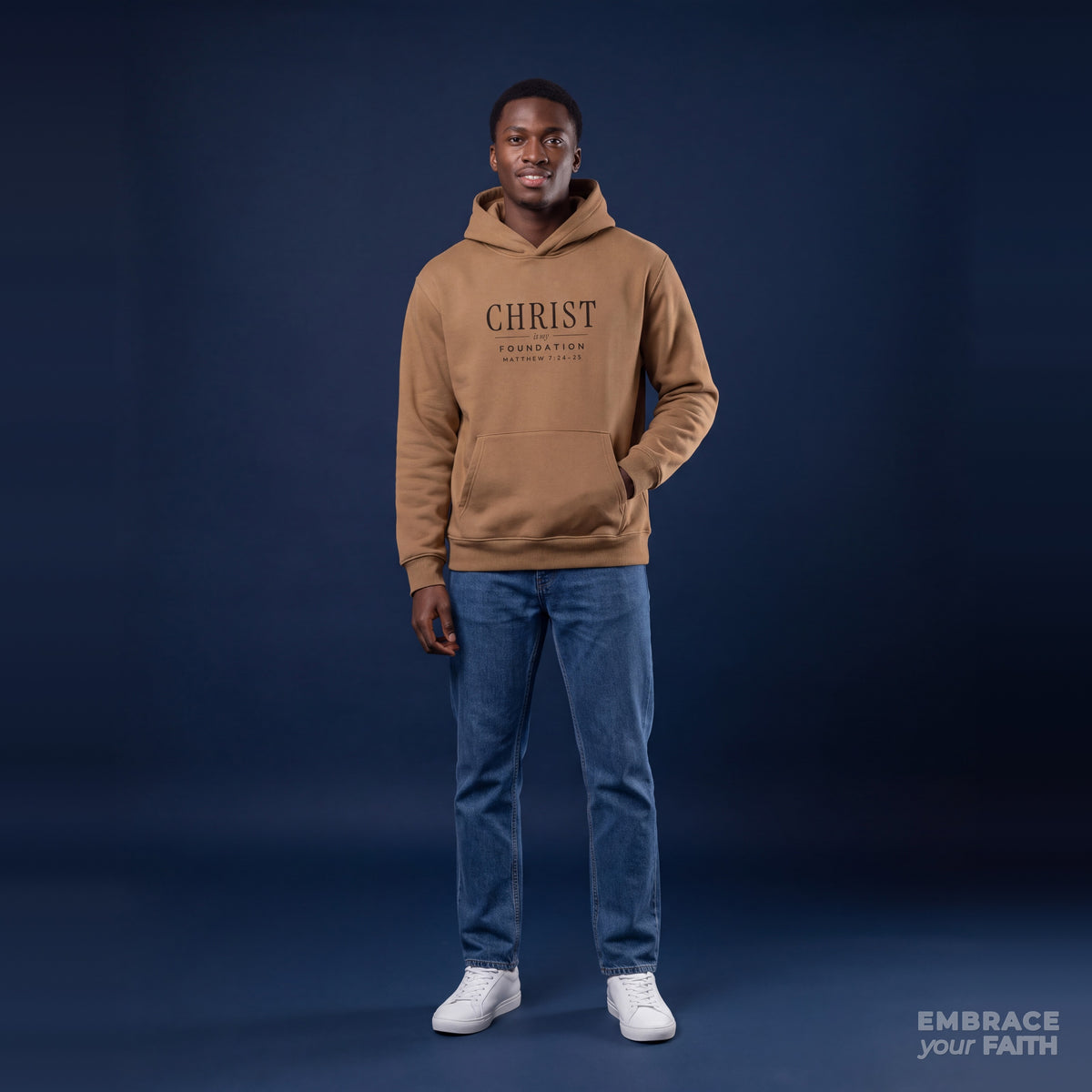Christ Is My Foundation Heavyweight Hoodie in Vintage Brown, model front view – Matthew 7:24