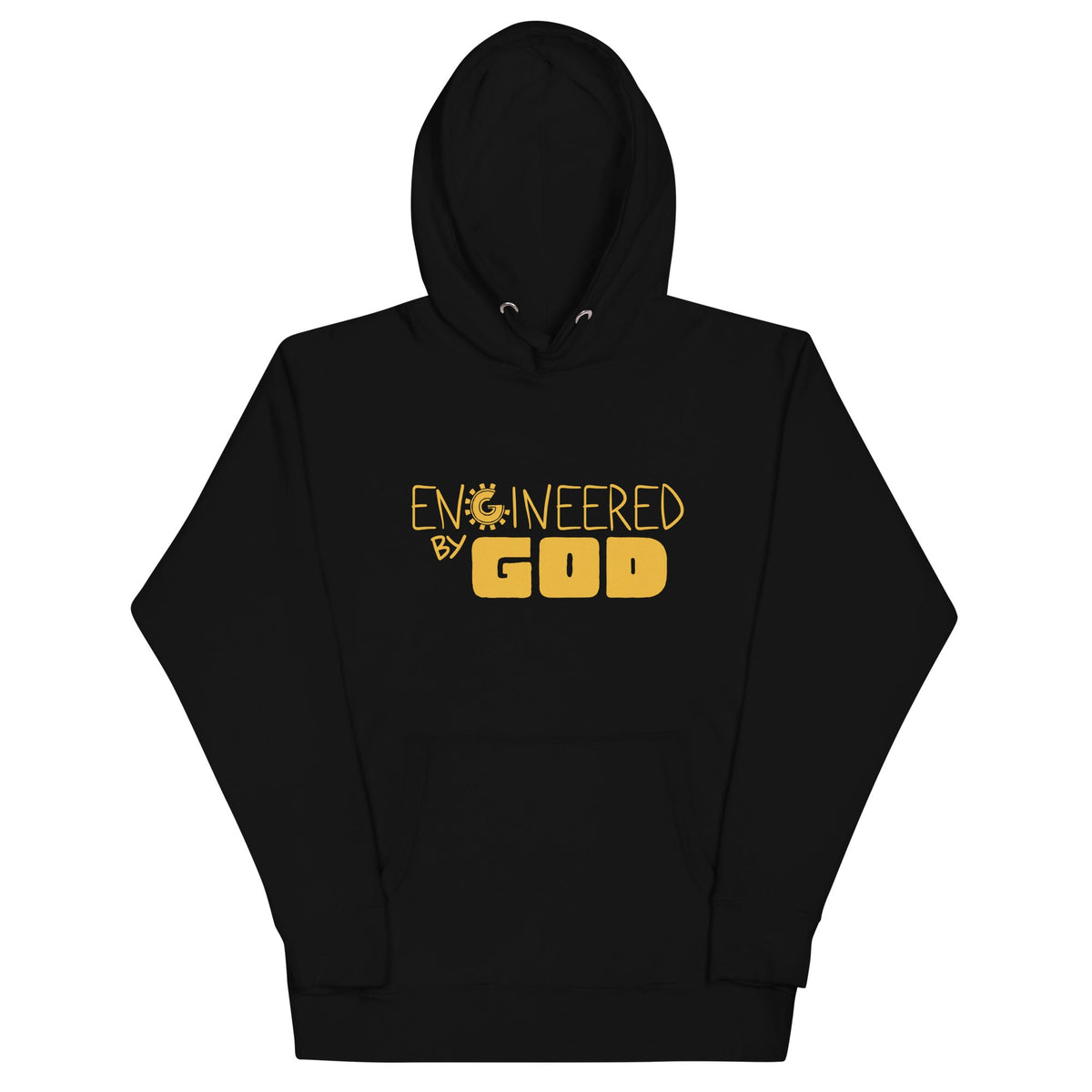 Engineered by God Hoodie with golden hologram print in Black, front view
