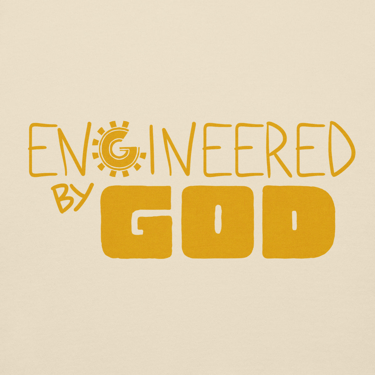 Engineered by God Hoodie with golden hologram print in Bone, front view
