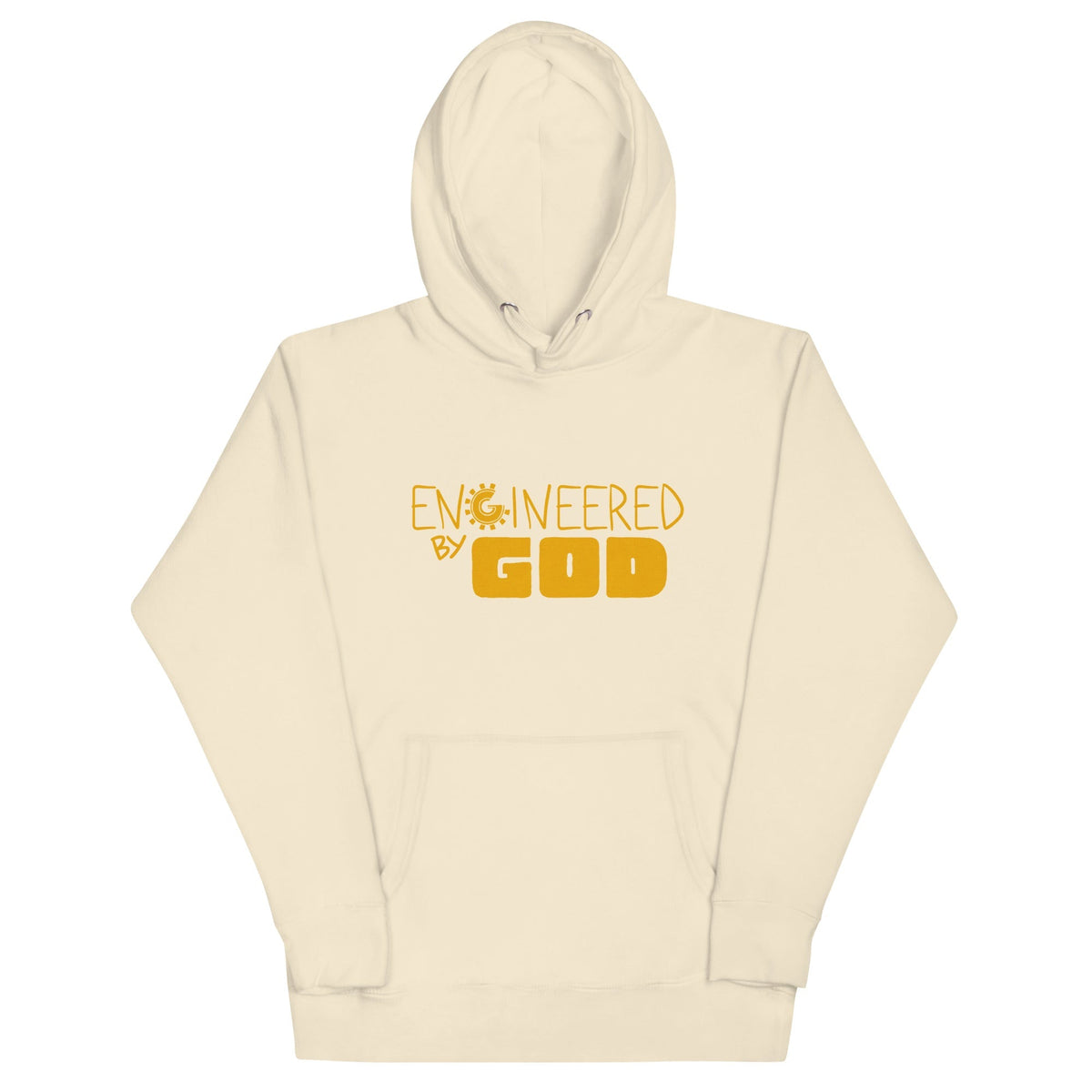 Engineered by God Hoodie with golden hologram print in Bone, front view