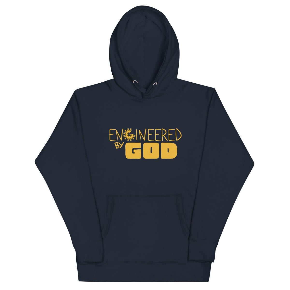 Engineered by God Hoodie with golden hologram print in Navy Blazer, front view