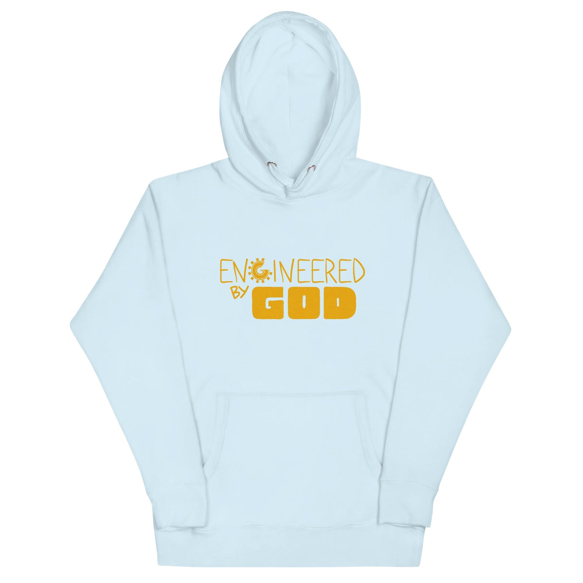 Engineered by God Hoodie with golden hologram print in Sky Blue, front view