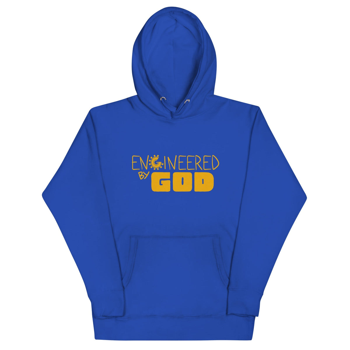 Engineered by God Hoodie with golden hologram print in Team Royal, front view