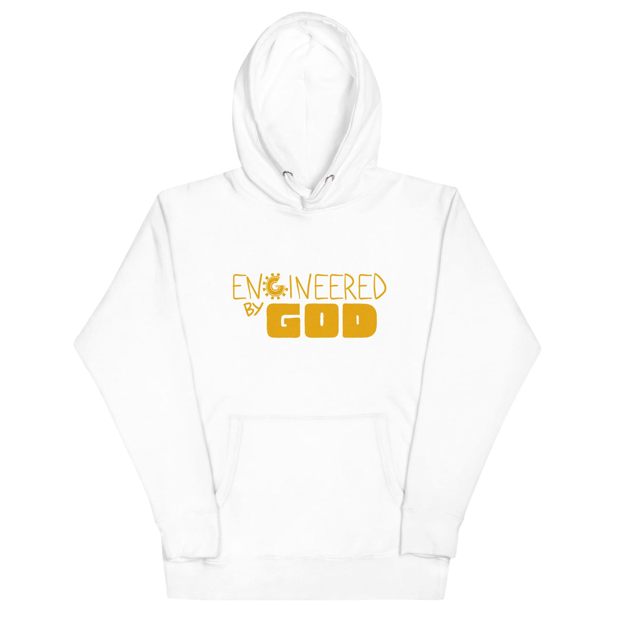 Engineered by God Hoodie with golden hologram print in White, front view