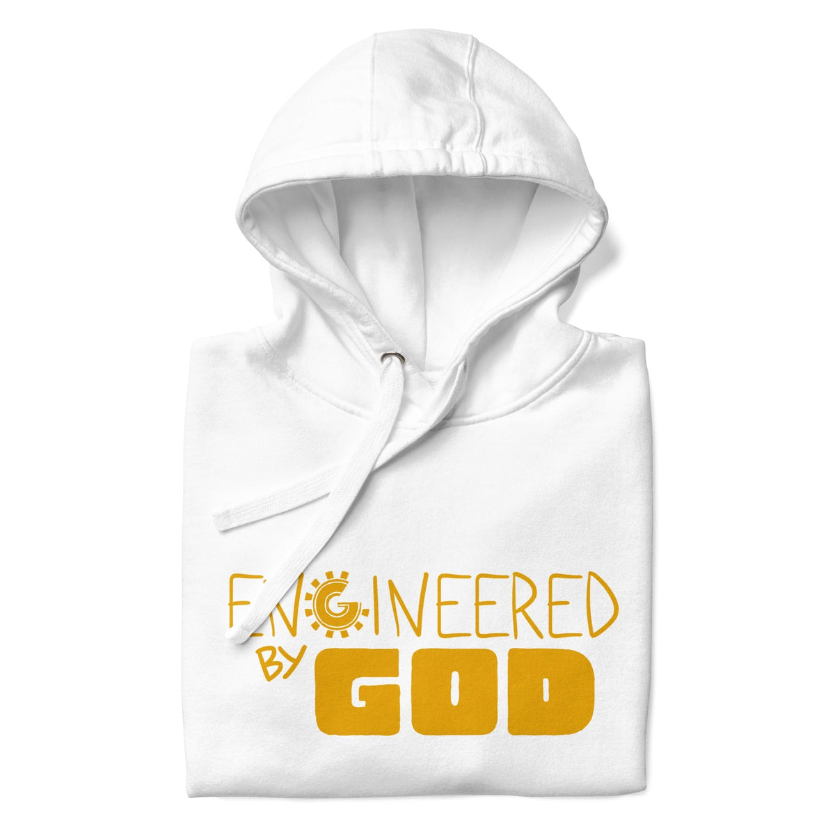 Engineered by God Hoodie with golden hologram print in White, front view
