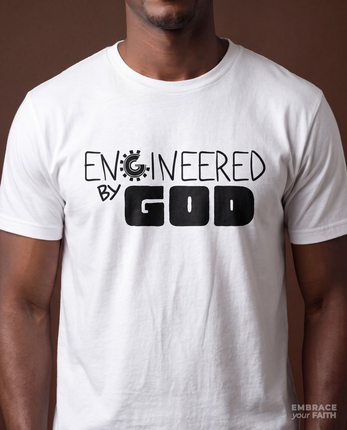 Close-up of the print on the Engineered By God Classic Unisex T-Shirt in White